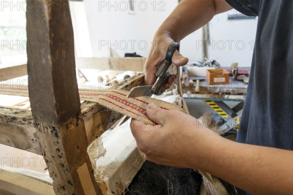 Upholsterer with traditional craft skills shortens a new strap on an old chair with scissors in his workshop, copy space, selected focus, narrow depth of field