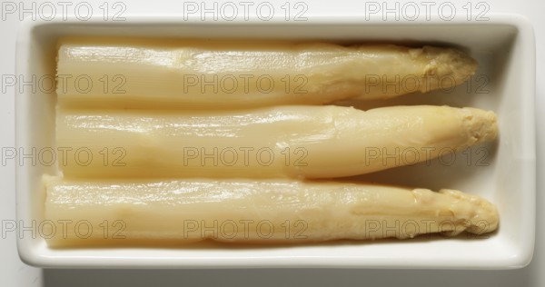 Asparagus in a white dish, three delicious pieces in an rectangel plate