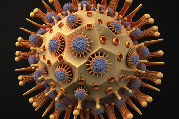 Virus cell under magnification, covid 19, illustration, 3d render. Illustration of colorful 3d cell close up under a microscope