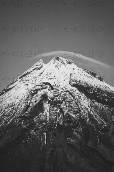 Black and white close-up of a snow-covered mountain peak, Mount Taranaki, New Zealand, Oceania