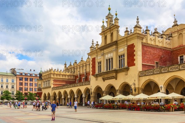 Krakow, Poland, June 18, 2019: The Cloth Hall panorama in the main market square Rynek Glowny, Europe