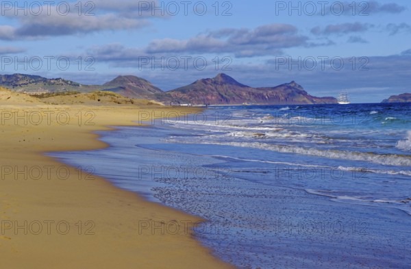Beach, sand, sea, waves, ship, south coast, Atlantic Ocean, Porto Santo, Madeira Island