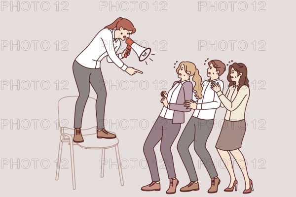 Woman manager shouts at subordinates through megaphone, intimidating employees to increase productivity. Toxic business manager uses hate and bullying to maintain leadership in corporation