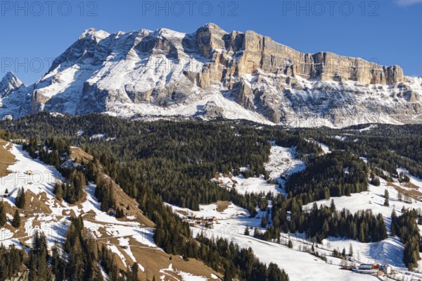 Winter view to Sas dla Crusc, Dolomites, South Tyrol, Italy, Europe