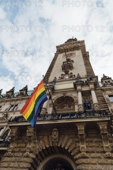 Hamburg Town Hall or Rathaus during Gay Pride Parade. Low angle view against sky