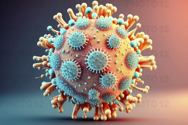 Virus cell under magnification, covid 19, illustration, 3d render. Illustration of colorful 3d cell close up under a microscope