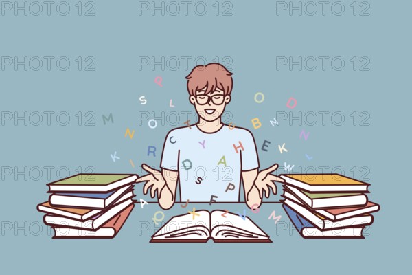 Boy student reads books and gets new knowledge from classical literature or professional textbooks. Teenage bookworm sits at table with books and, closing eyes, imagines flying letters