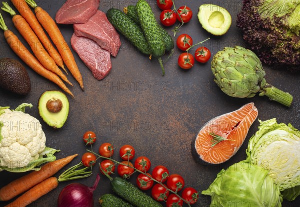 Assorted food raw products: vegetables, beef meat steak, fish salmon fillet on dark rustic brown stone table top view copy space. Healthy food background, ingredients with vitamins, diet and nutrition, food photography, food photography