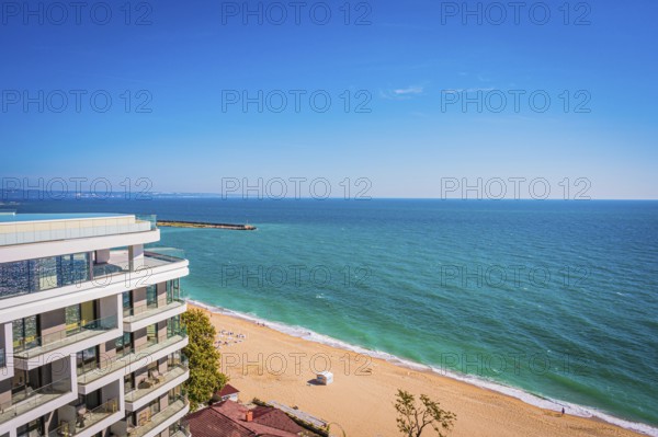 View from a hotel onto the endless golden beach on the blue (black) sea, Golden Sands, Varna, Bulgaria, Europe