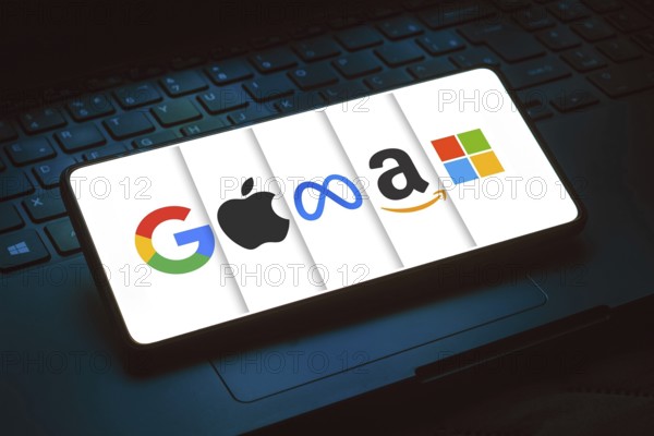 May 3, 2024, Brazil. In this photo illustration, the Google, Apple, Meta, Amazon and Microsoft logos is displayed on a smartphone screen