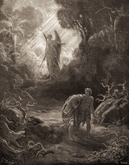 Adam and Eve are driven out of Eden, Old Testament, woodcut by Gustave Doré