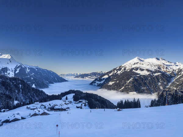 Snow-covered winter landscape near Garfrescha in the Silvretta Montafon ski area in Vorarlberg, Austria, Europe
