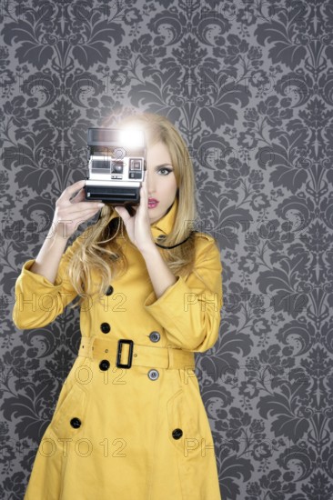 Fashion photographer retro camera reporter woman vintage wallpaper yellow coat