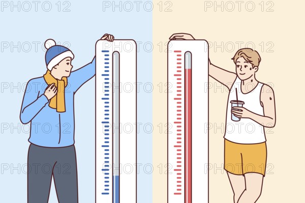 Man stands near thermometers showing different temperatures and feels heat or cold in different countries. Giant thermometers near happy guys for magazine with meteorological forecasts