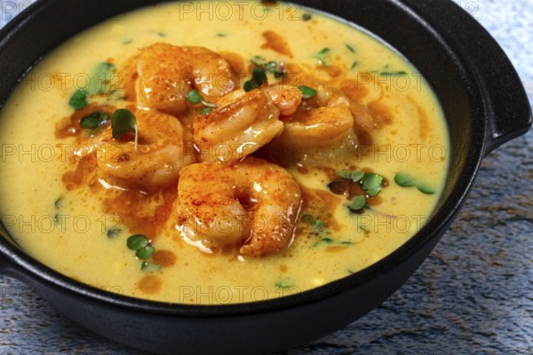 Creamy shrimp curry with spices, garnished with herbs, on a textured background, homemade, no people