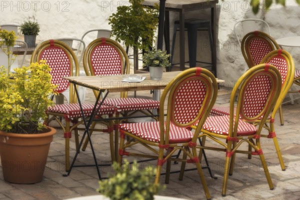 Outdoor empty coffee and restaurant terrace with red and white chairs and table, flowers