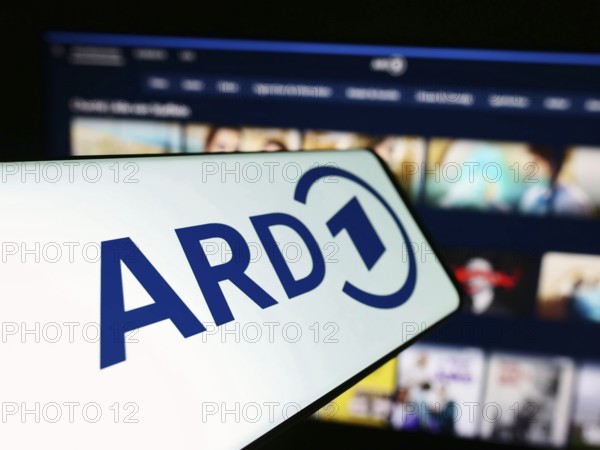 Stuttgart, Germany, 04-10-2024: Smartphone with logo of German public-service broadcasting organisation ARD in front of website. Focus on center-left of phone display, Europe