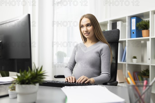 Pregnant businesswoman working her desk computer