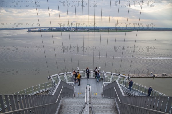 Stairway to the 86-metre-high observation deck of the Atlantic Hotel Sail City, at the back Weser, Bremerhaven, Germany, Europe