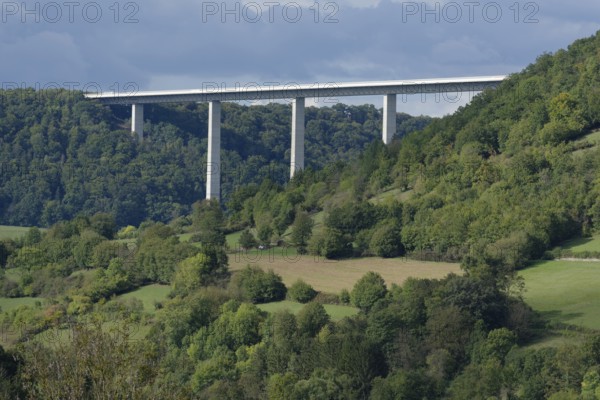 Kochertal bridge near Braunsbach-Geislingen, motorway bridge, Kochertal, Kocher, Bühlertal, Bühler, Braunsbach, Hohenlohe, Schwäbisch Hall, river, Heilbronn-Franken, Baden-Württemberg, Germany, Europe
