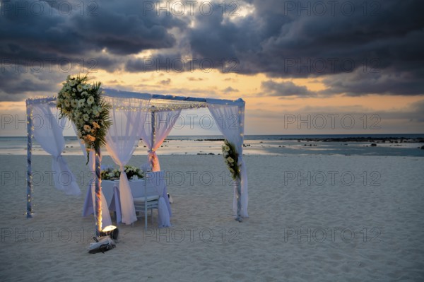 Pavilion, for wedding, sunset, Flic en Flac Beach, beach, west coast, Indian Ocean, island, Mauritius, Africa