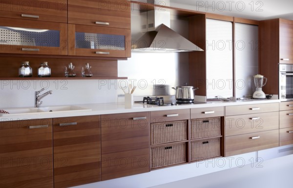 Red wood kitchen white kitchen bench modern interior decoration