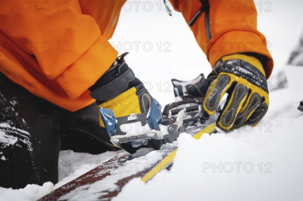 A close-up of the ski bindings as they are set up for backcountry skitouring. Sports facility skiing