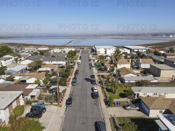 Aerial view of Imperial beach residential area and San Diego Bay on the background, San Diego, California, USA, North America