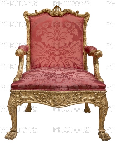 A Beautiful Ornate Throne In Gold With Red Upholstery, Isolated On A White Background