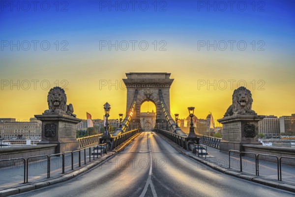 Budapest Hungary, city skyline sunrise at Chain Bridge with famous lion statue
