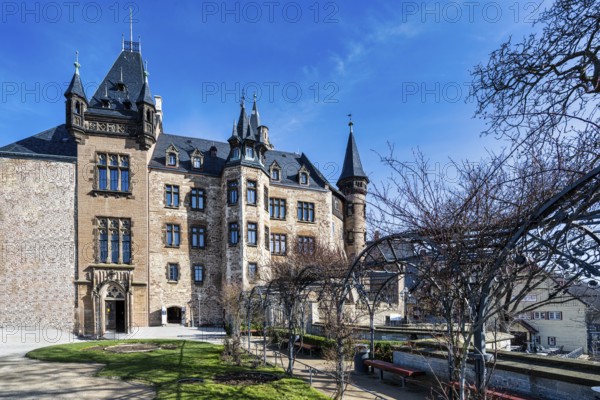 A view of the castle in Wernigerode under a blue sky