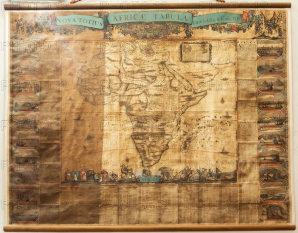 Genova, Italy, 8 August 2023: Spinola Palace. Antique map shows Africa known to Europeans in the mid 17-th Century. Exploration, cartography, vintage background, Europe