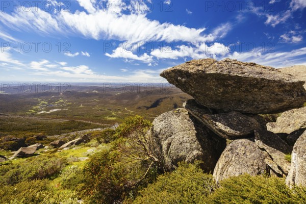 Landscape views at the summit of Porcupine Rocks on the Porcupine Walking Track on a summer's day in Kosciuszko National Park, Snowy Mountains, New South Wales, Australia, Oceania