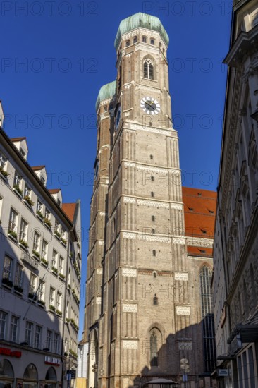 Towers of the Church of Our Lady and blue sky in the background, Munich, Upper Bavaria, Bavaria, Germany, Europe