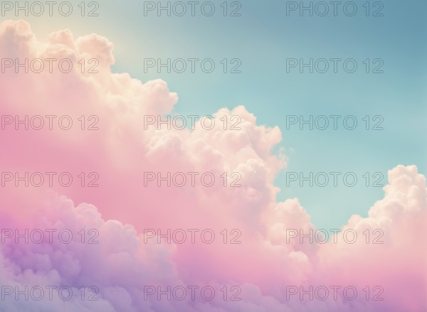 Dreamy sky with fluffy pink and white clouds against a blue background, evoking a peaceful and whimsical atmosphere, AI generated