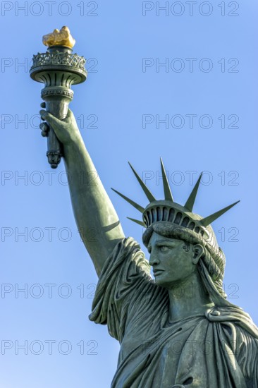 Detail replica of the Statue of Liberty by Frédéric Auguste Bartholdi at the roundabout in the Rte de Strasbourg, Colmar, Alsace, Département Bas-Rhin, France, Europe