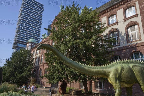 Diplodocus longus, dinosaur model, in front of the Senckenberg Museum, Senckenberganlage, behind the skyscraper One Forty West, Bockenheim, Frankfurt, Germany, Europe