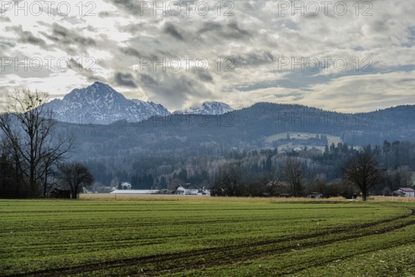 Green fields in front of mountains and cloudy sky, Ainring, Upper Bavaria