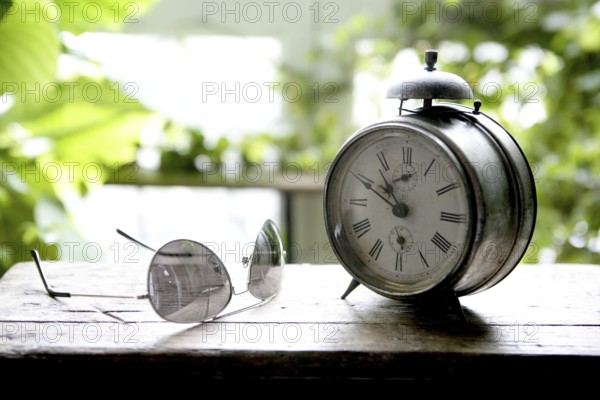 Old alarm bell clock at the window backlit in a house room with plants