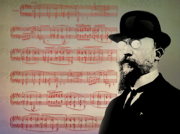 Erik Satie, 1866 – 1925, a French composer and pianist, notesheet for Deuxième Sarabande, digitally edited, 1909