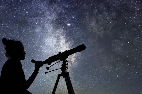 Woman with telescope watching the stars. Stargazing woman