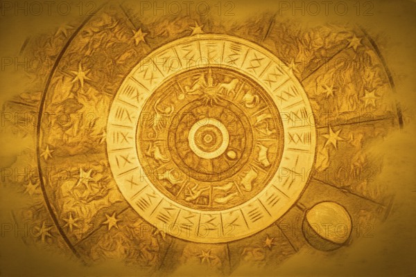 Astrological zodiac background. Vintage illustration art, grunge design. Concept of destiny, fortune, esoteric, magic, mysterious