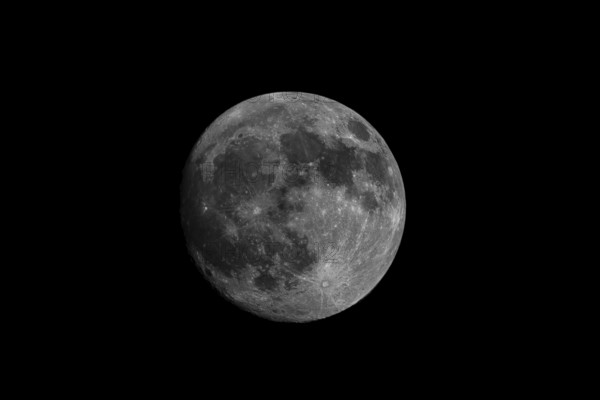 The full moon in black and white against a dark night sky makes for an impressive, clear image, Bogen, Lower Bavaria