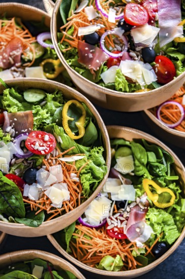 Round paper boxes with pre-packaged vegetable salads ready for sale