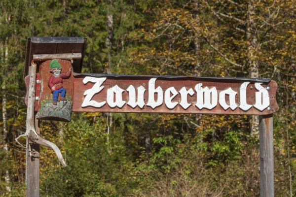 Magic Forest signpost, Ramsau, Berchtesgaden, Berchtesgadener Land, Upper Bavaria, Bavaria, Germany, Europe