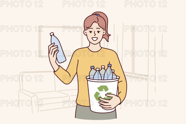 Woman puts plastic bottles in recycling bin showing awareness and concern for environment. Young girl with smile and holds plastic container created from recycled waste and household waste