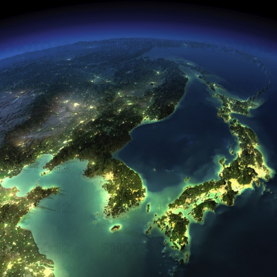 Highly detailed Earth, illuminated by moonlight. The glow of cities sheds light on the detailed exaggerated terrain and translucent water of the oceans. Elements of this image furnished by NASA