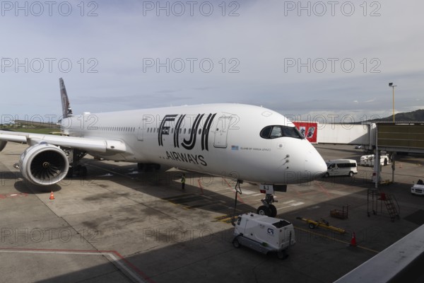 Fiji Airways Airbus A350-900 Vanua Levu at the dock, Nadi Airport, Fiji, South Pacific, Oceania