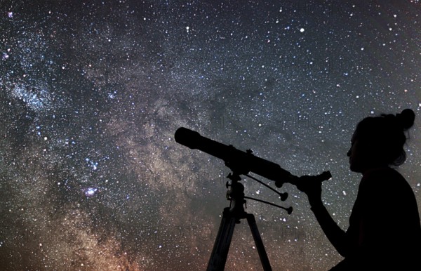 Woman with telescope watching the stars. Stargazing woman and night sky