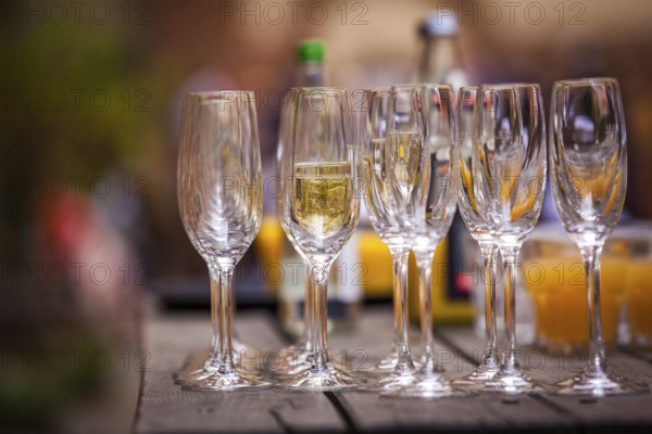 Empty champagne glasses on a table